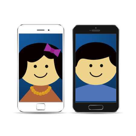 Two phones with selfie boy and girl. Icons vector.のイラスト素材