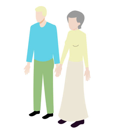 Isometric couple of old woman and young man standing holding handsのイラスト素材