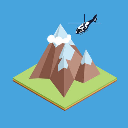 Isometric illustration of helicopter flying between mountain for infographic designのイラスト素材
