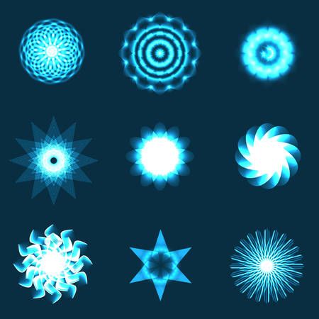 Set of bright shining mandala. Decorative element with shine ray. Vector illustrationのイラスト素材