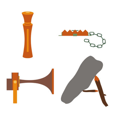 Objects for hunting baits and traps for catch. Metal equipment for animal. Vector illustrationのイラスト素材