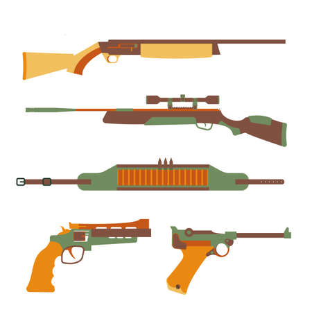 Firearms set design flat. Military weapon and gun, pistol for defense, vector illustrationのイラスト素材