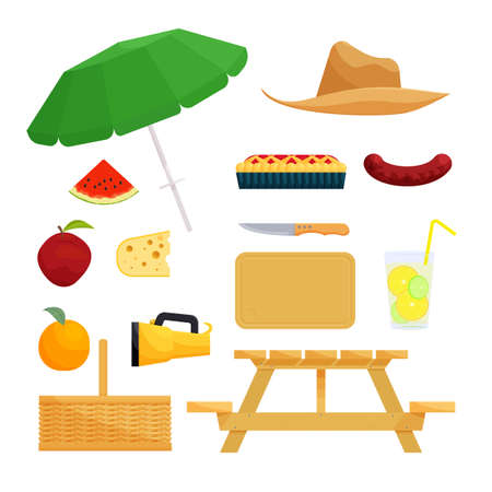 Set of objects for picnic. Food and basket, barbecue and recreation, vector illustrationのイラスト素材