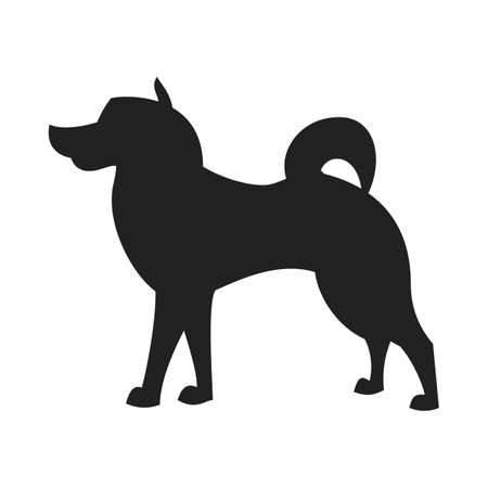 Vintage vector image of a black silhouette of a thoroughbred Malamute Dog standing straight isolated on white background looking like a shadow of the image.のイラスト素材