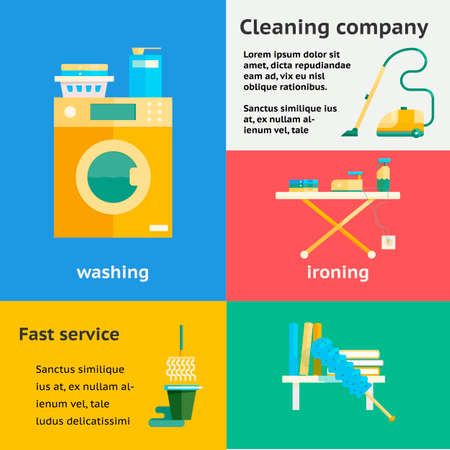 Flat style cleaning  banners set. Collection of  illustration cleaning appliances and processes. Web icons.のイラスト素材