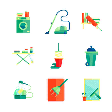Flat housekeeping icons set. Collection of cleaning and washing concepts.illustration.のイラスト素材