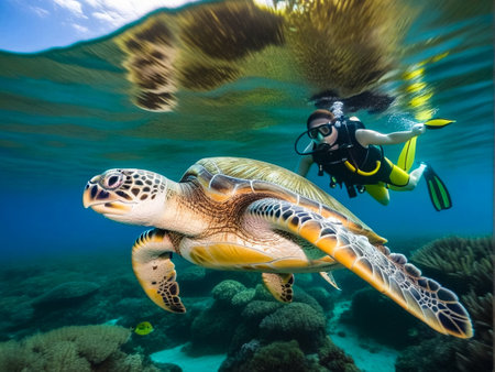 Green sea Turtle (Testudines) mammal swimming in tropical underwaters. Turtles in underwater wild animal world. Observation of ocean wildlife. Scuba diving adventure in Ecuador coastの素材