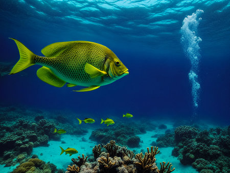 School green fish swimming in blue ocean water tropical under water. Fishes in underwater wild animal world. Observation of wildlife Indian ocean. Scuba diving adventure in Maldives coast. Copy spaceの素材