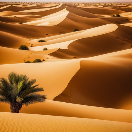 Nature background of scenery Sahara desert with sandy dunes vegetation trees sunny day, panoramic view. Photo of desert sands hills, blue sky. Sahara, Tozeur city, Tunisia, Africa. Copy ad text spaceの素材