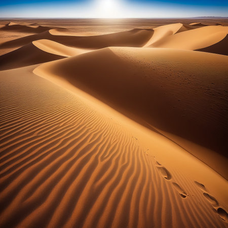 Photo of scenery Sahara desert - sandy rocks and stones, sunny summertime day. Panoramic view of landscape desert hills with sand, blue sky. Sahara, Tozeur city, Tunisia, Africa. Copy ad text spaceの素材