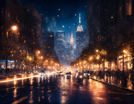 Colorful background of night street with defocused light cars and street lamps. Abstract backdrop of bokeh blurred lights at city life. Concept of cityscape backgrounds for design. Copy text spaceの素材