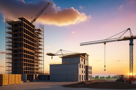 Two industrial cranes on construction site house building at sunset sky background. Industry crane on creation site. Construction and renovation of buildings concept. Copy ad text space for bannerの素材