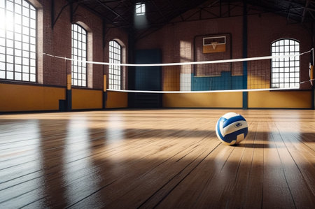 Sports image background: volleyball net in an old empty sports gym. View from below backdrop for team volleyball game. Concept of getting sport, healthy lifestyle and team success. Copy ad text spaceの素材