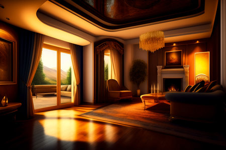Modern interior of home living room with designer furniture with sofa, mirror, shelves, armchair and elegant personal accessories. Stylish neutral home decor. Design style concept. Copy ad text spaceの素材