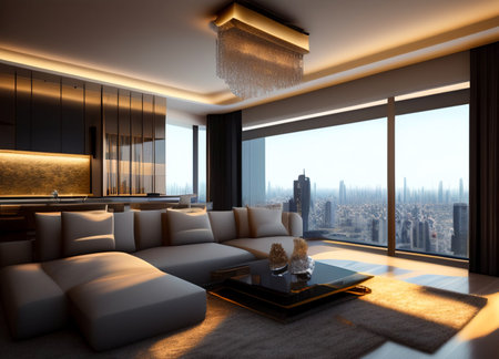 Stylish interior of home living room with design furniture with sofa, mirror, shelves, armchair and elegant personal accessories. Modern neutral home decor. Designer style concept. Copy ad text spaceの素材