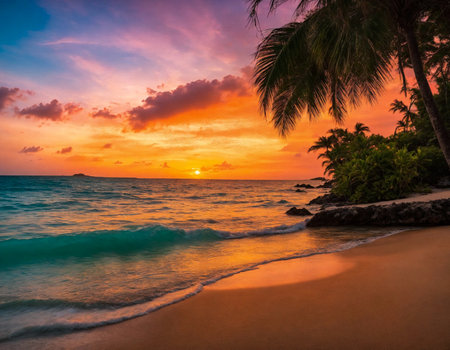 Tropical natural landscape with coconut palm trees at sunset backdrop, amazing tropic scenery. Concept of summer vacation and travel holiday. Fantastic sunrise for vacation design. Copy ad text spaceの素材