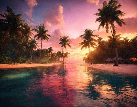 Tropical natural landscape panorama with palm trees at sky background, amazing tropic scenery. Concept of summer vacation and travel holiday. Fantastic sunrise for vacation design. Copy ad text spaceの素材