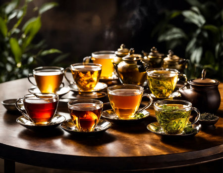 Tea factory. Set of variety ceylon teas on wooden table in meeting room at manufacturing plant in Sri Lanka. Demonstration tea for client. Production concept. High quality photo. Copy ad text spaceの素材