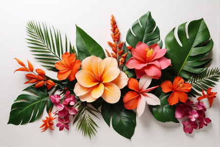 Flat lay of composition with fresh tropical leaves, exotic flowers on white background. Summer concept with flower pattern. Mock-up, wallpaper. Copy ad text space. Generative Ai illustrationの素材