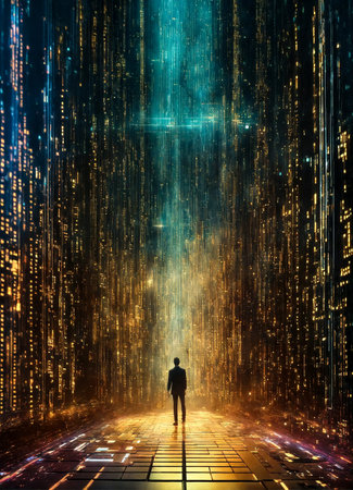 Wallpaper of abstract futuristic cyberspace with binary code, digital matrix background. Digital cyberspace future concept. Copy ad text space. Generative Ai illustrationの素材