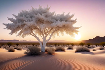 Amazing white leafy tree at sunset in desert, for design project. Idyllic artistic image, amazing wallpaper. Beauty of nature concept backgrounds. Copy ad text space. Generative Ai illustrationの素材