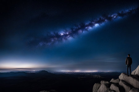 Silhouette of man standing on high rock at night sky with stars rise, nebula background. Amazing picture of night landscape. Fairy tale cosmic concept. Copy ad text space. Generative Ai illustrationの素材