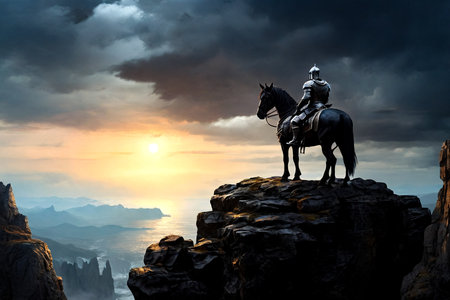 Black knight on horse standing on dark rock in night mountains, abstract mystical backgrounds, digital art style picture, painting. Fairy tale concept. Copy ad text space. Generative Ai illustrationの素材