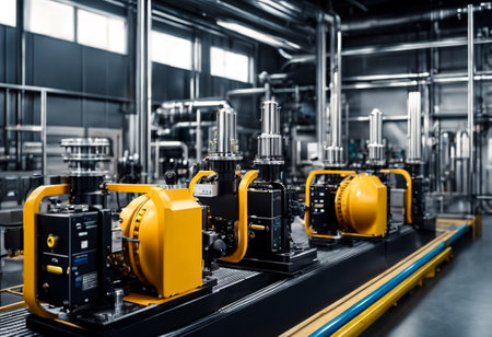 Automatic control systems, Industrial pumps in an technical room. Industry interior of water pump, valves, pressure gauges, motors inside engine room. Urban modern powerful pipelines. Copy text spaceの素材