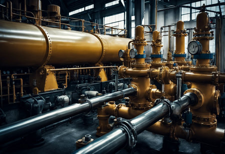 Industry interior of water pump, valves, pressure gauges, motors inside engine room. Automatic control systems, Industrial pumps in an technical room, urban modern powerful pipelines. Copy text spaceの素材