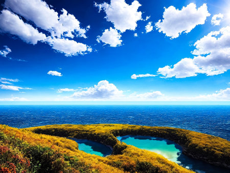 Beauty clear cloudy sky with fluffy clouds sunlight on clean background, cozy wallpaper. Panorama cloudscape of sky at sunshine, atmospheric backdrop. Design backgrounds concept. Copy ad text spaceの素材