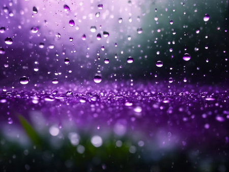 Raindrops on glass for purple backdrop rainy fall autumn weather. Abstract backgrounds with rain drops on window and blurred day sky. Outside window is blurred bokeh water background. Copy spaceの素材