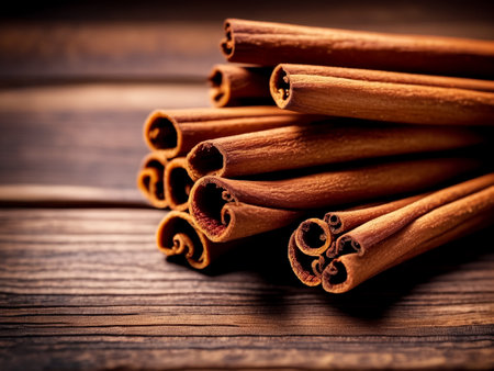 Closeup of Sri Lankan cinnamon sticks on wooden table, top view. Rustic style natural spices of ceylon cinnamon sticks for advertising banner or poster. Delicious healthy concept. Copy ad text spaceの素材