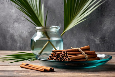 Cinnamon sticks in glass plate with palm leaf on wood board at gray textured wall, rustic style. Still life natural food of ceylon cinnamon sticks. Delicious tasty healthy concept. Copy ad text spaceの素材