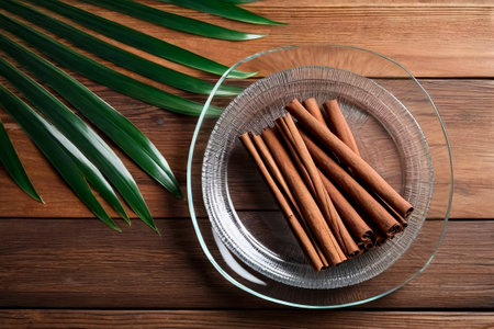 Still life of cinnamon sticks in glass plate with palm leaf on wood board on table, top view. Rustic style of natural food of ceylon cinnamon sticks. Delicious healthy concept. Copy ad text spaceの素材