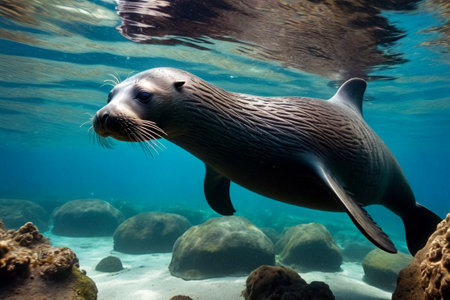 Galapagos fur seal (Arctocephalus galapagoensis) swimming in tropical underwaters. Lion seal in under water world. Observation of ocean wildlife. Scuba diving adventure in Ecuador coast. Copy spaceの素材