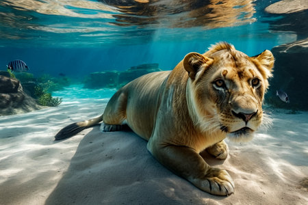 Lion seal swimming at camera in tropical underwaters. Lion seal in under water world. Observation of ocean wildlife. Scuba diving adventure in Ecuador coastの素材