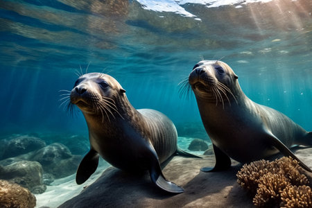Galapagos fur seal (Arctocephalus galapagoensis) swimming in tropical underwaters. Lion seal in under water world. Observation of ocean wildlife. Scuba diving adventure in Ecuador coastの素材