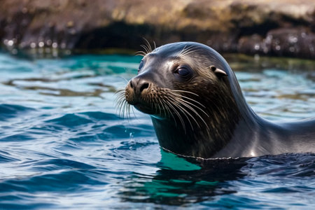 Galapagos fur seal (Arctocephalus galapagoensis) swimming in tropical underwaters. Close up lion seal in under water world. Observation of ocean wildlife. Scuba diving adventure in Ecuador coastの素材