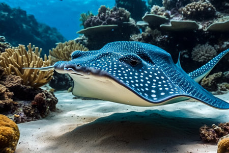 Blue spotted stingray (Myliobatoidei) cartilaginous fish on sandy bottom in tropical underwaters. Skate in underwater wild animal world. Observation of ocean wildlife. Scuba diving in Ecuador coastの素材
