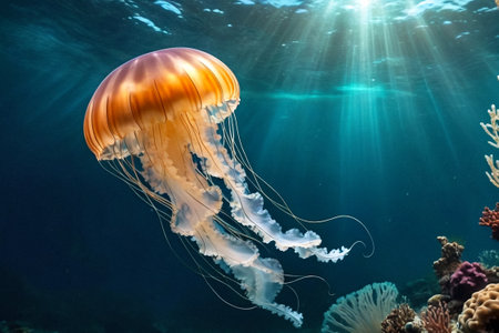 Jellyfish (Cubozoa) swimming in tropical underwaters bottom view. Medusa in underwater wild animal world. Observation of ocean wildlife. Scuba diving in Ecuador coast. Copy text spaceの素材