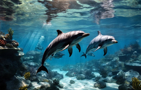 Dolphin (Delphinidae) mammal swimming in tropical underwaters. Two Dolphins in underwater wild world. Observation of ocean wildlife. Scuba diving adventure in Ecuador coast. Copy text spaceの素材