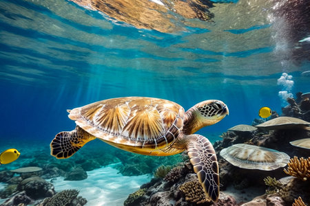 Green sea Turtle (Testudines) mammal swimming in tropical underwaters. Turtles in underwater wild animal world. Observation of ocean wildlife. Scuba diving adventure in Ecuador coastの素材