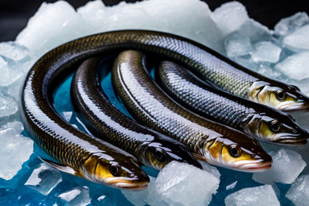 Fresh eel seafood on crushed ice at fish market. Fresh frozen on store counter in hypermarket. Frozen sea fish on display counter at store. Concept of retail food backgrounds. Copy ad text spaceの素材