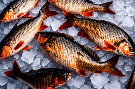 Fresh frozen carp on store counter in hypermarket. Fresh seafood on crushed ice at fish market. Frozen sea fish on display counter at store. Concept of retail food backgrounds. Copy ad text spaceの素材