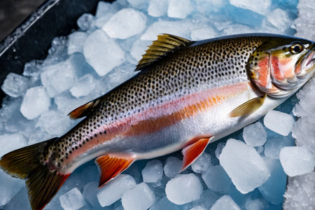 Fresh frozen trout on store counter in hypermarket. Fresh seafood on crushed ice at fish market. Frozen sea fish on display counter at store. Concept of retail food backgrounds. Copy ad text spaceの素材