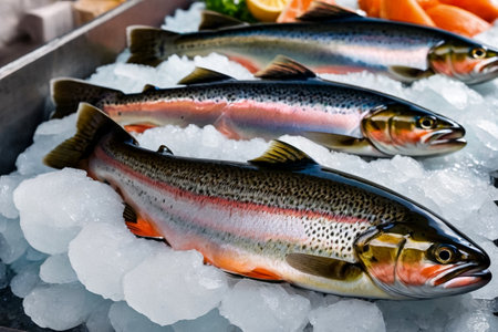 Fresh frozen trout on store counter in hypermarket. Fresh seafood on crushed ice at fish market. Frozen sea fish on display counter at store. Concept of retail food backgrounds. Copy ad text spaceの素材