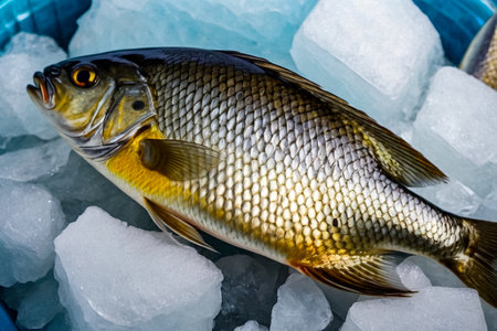 Fresh frozen crucian on store counter in hypermarket. Fresh seafood on crushed ice at fish market. Frozen sea fish on display counter at store. Concept of retail food backgrounds. Copy ad text spaceの素材