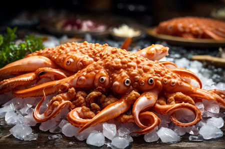 Fresh squids seafood on crushed ice at fish market. Fresh frozen on store counter in hypermarket. Frozen sea fish on display counter at store. Concept of retail food backgrounds. Copy ad text spaceの素材