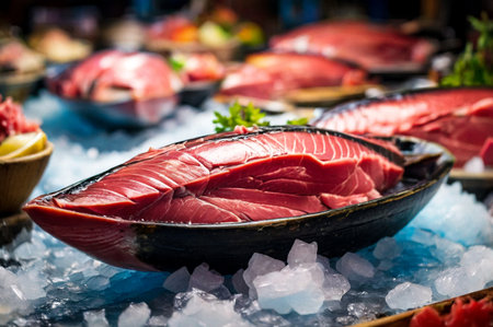 Fresh tuna seafood on crushed ice at fish market. Fresh frozen on store counter in hypermarket. Frozen sea fish on display counter at store. Concept of retail food backgrounds. Copy ad text spaceの素材