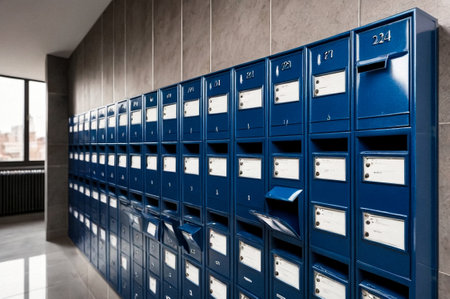 Blue steel Mailboxes in an apartment residential building inside. Modern rows of numbered mailbox, creative design mail backgrounds. Urban correspondence concept. Copy ad text space. Generated AIの素材
